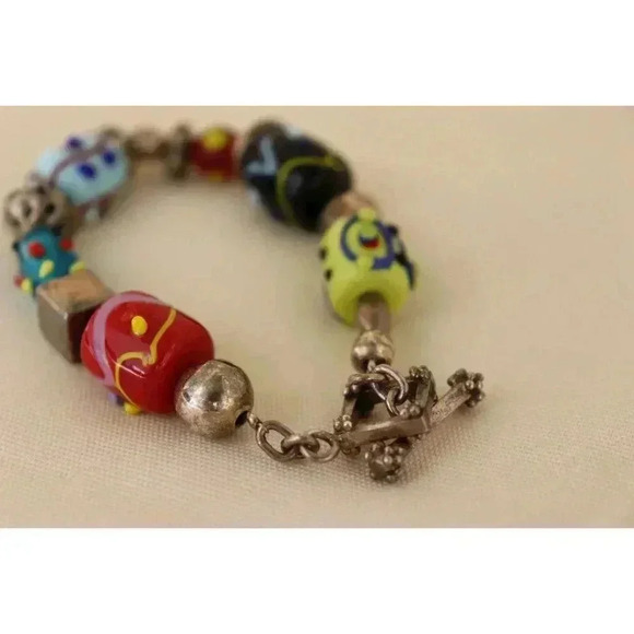 Silver and art glass bead bracelet‎ 925 colorful 8 inch, multicolored gift hobo - Picture 3 of 6